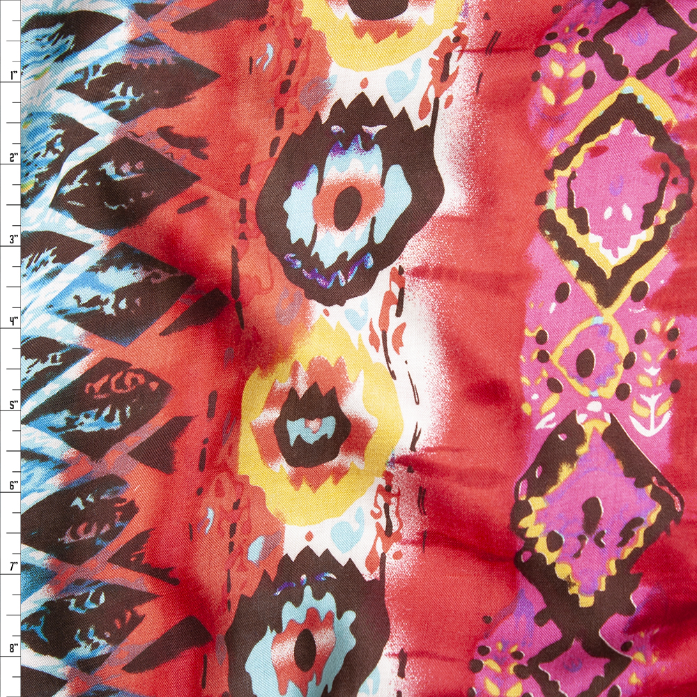 Brown, Red, Aqua, an Hot Pink Bohemian Border Print Rayon Challis Fabric By The Yard
