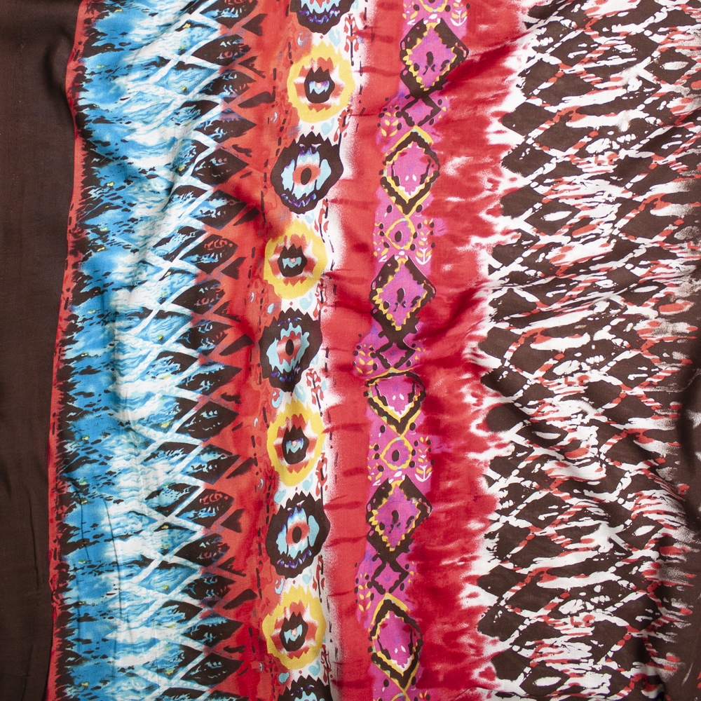 Brown, Red, Aqua, an Hot Pink Bohemian Border Print Rayon Challis Fabric By The Yard - Wide shot