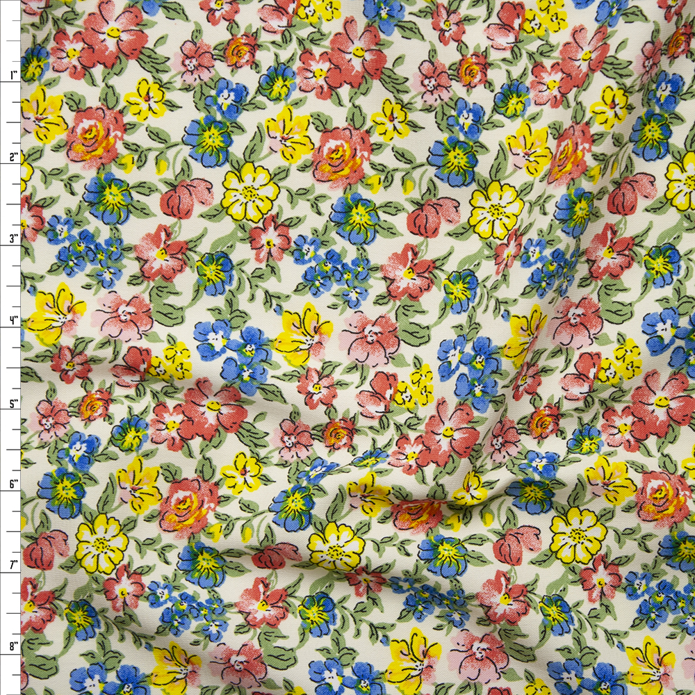 Pink, Yellow, Blue, and Green Garden Floral Polyester Challis Fabric By The Yard