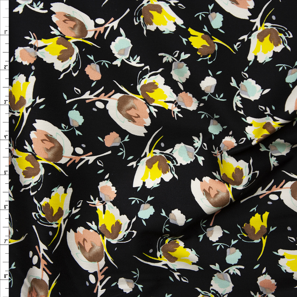 Peach, Yellow, and Mint Flowers on Black Stretch Cotton Sateen Fabric By The Yard