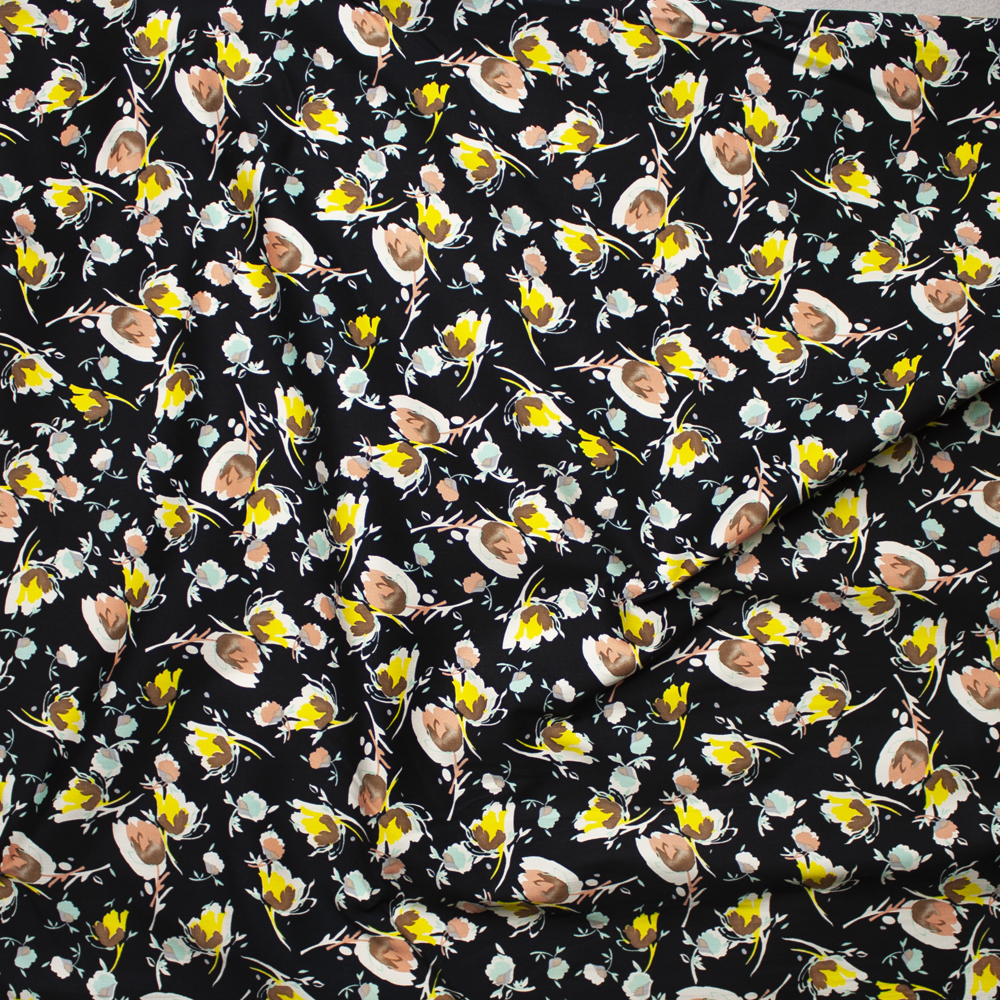 Peach, Yellow, and Mint Flowers on Black Stretch Cotton Sateen Fabric By The Yard - Wide shot