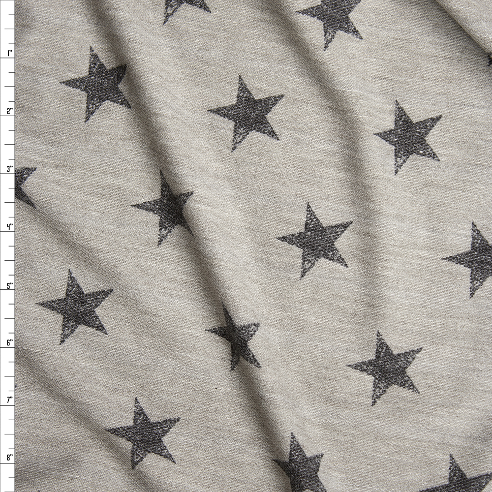 Warm Grey with Black Stars Loop Printed French Terry Fabric By The Yard