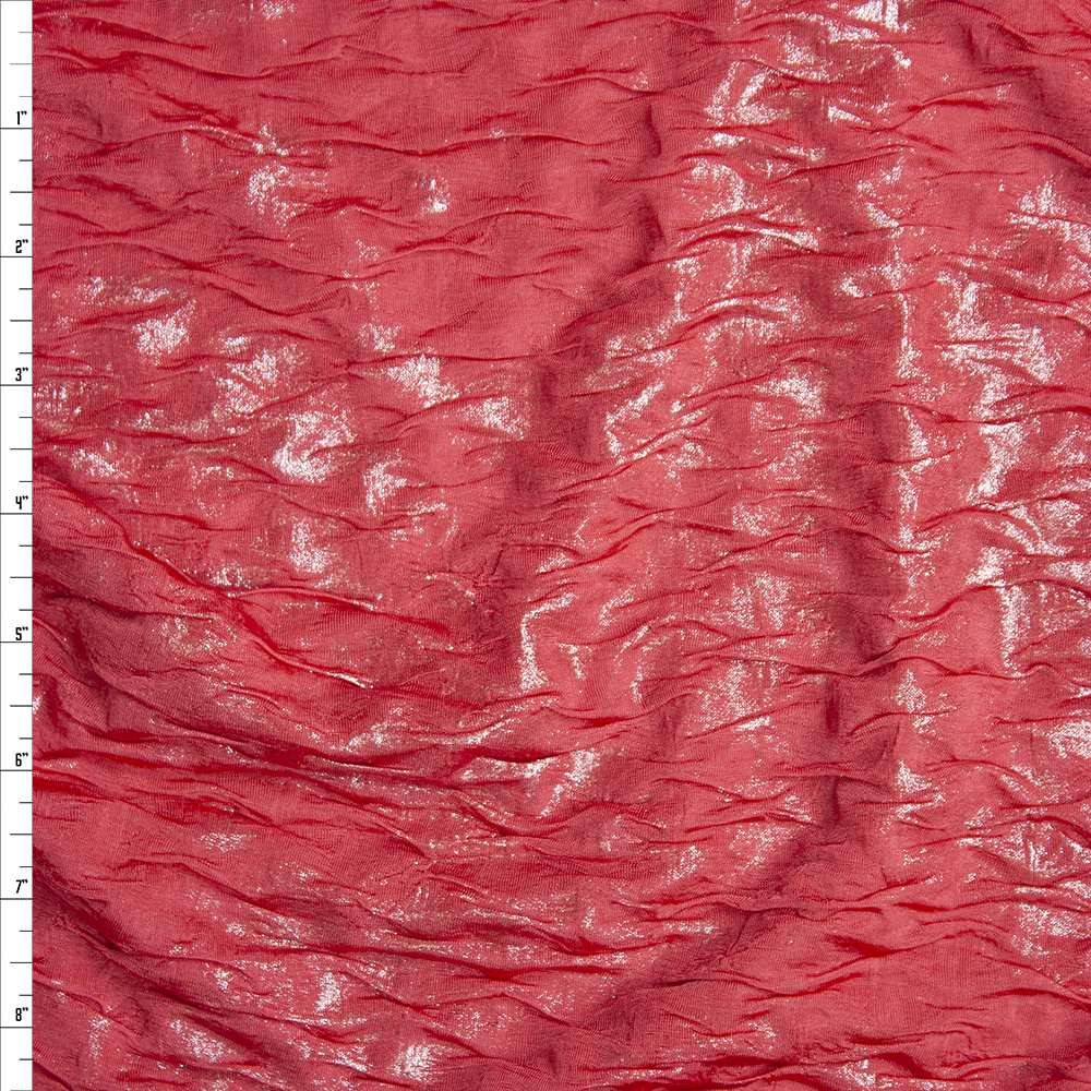 Metallic Gold on Bright Coral Double Layered Stretch Crinkle Knit Fabric By The Yard