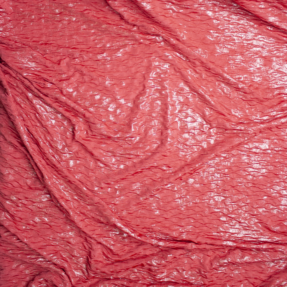 Metallic Gold on Bright Coral Double Layered Stretch Crinkle Knit Fabric By The Yard - Wide shot