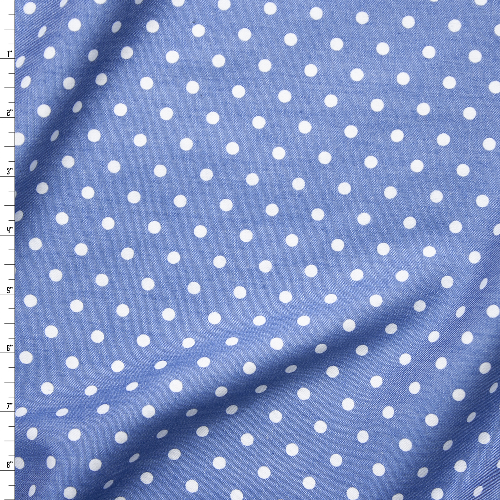 White Polka Dots on Light Blue Tencel Chambray Fabric By The Yard