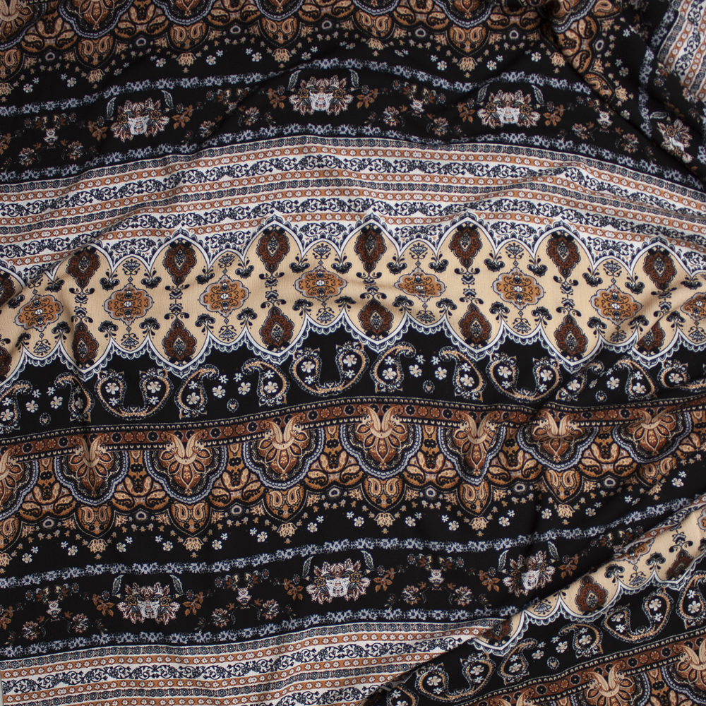 Brown, Tan, and Black Bohemian Stripe Rayon Gauze Print Fabric By The Yard - Wide shot