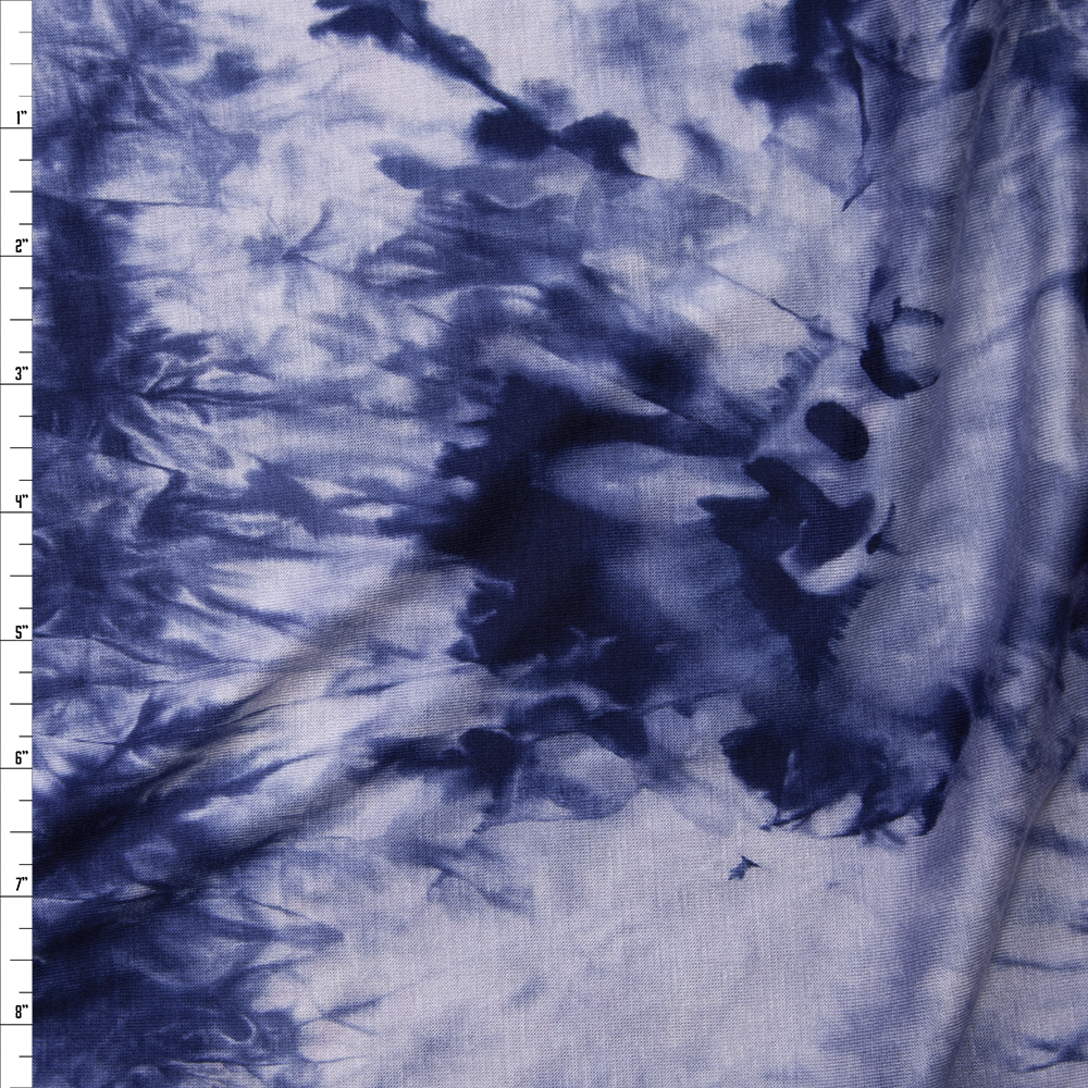 Navy Blue and White Tie Dye Stretch Rayon Jersey Knit Fabric By The Yard