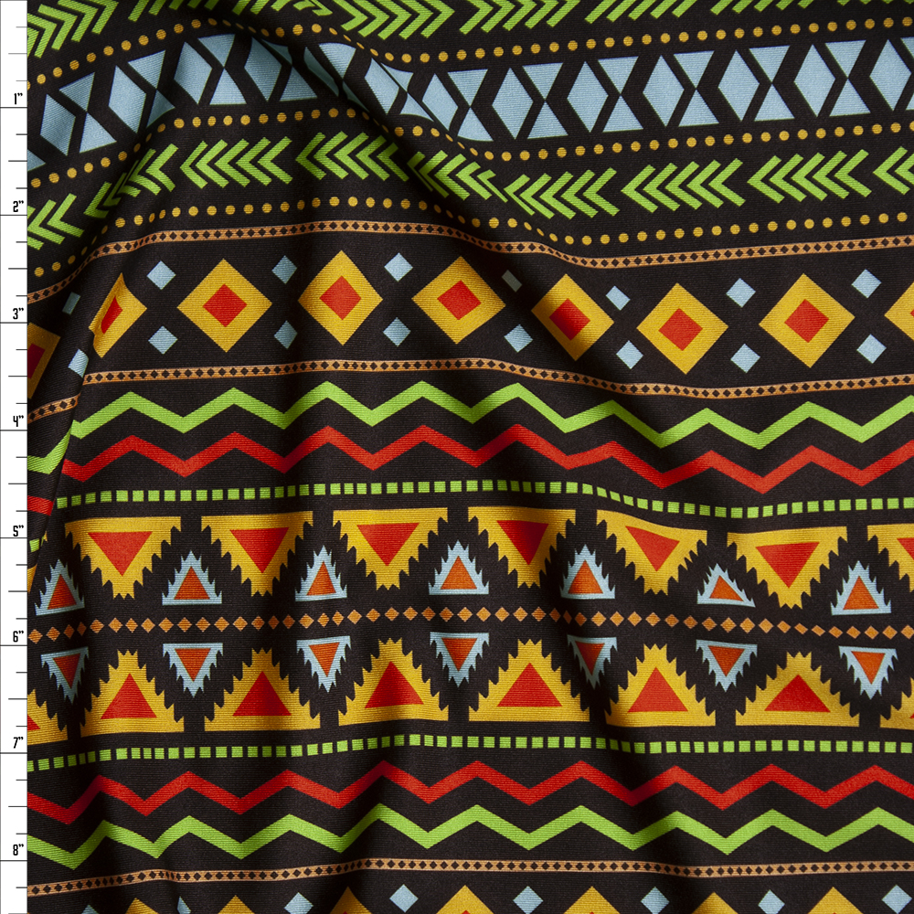 Yellow, Red, Lime, and Blue Geometric Fiesta on Black Nylon/Spandex Fabric By The Yard
