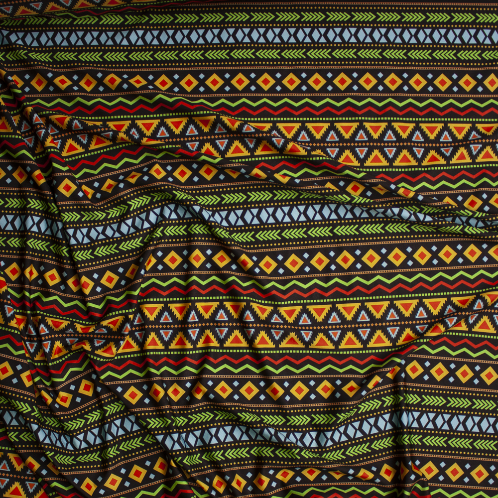 Yellow, Red, Lime, and Blue Geometric Fiesta on Black Nylon/Spandex Fabric By The Yard - Wide shot
