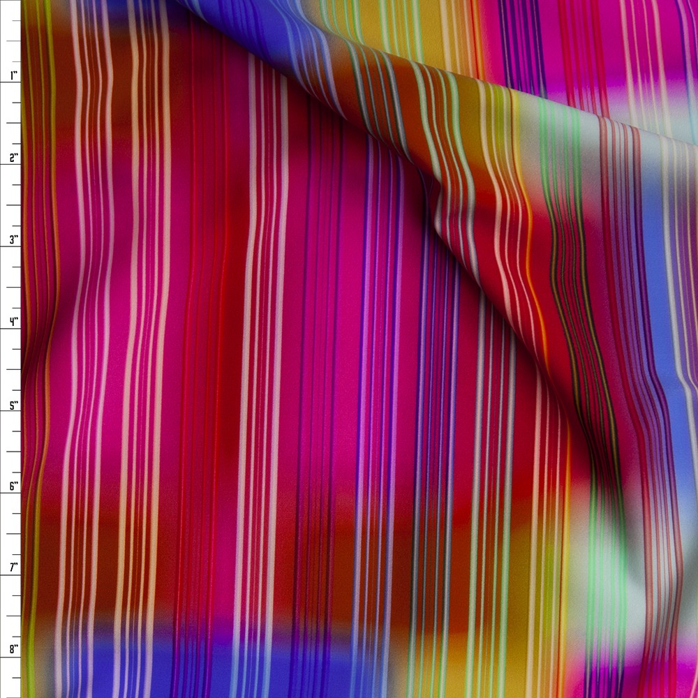 Neon Vertical Stripes on Blurred Neon Square Pattern Nylon/Spandex Fabric By The Yard