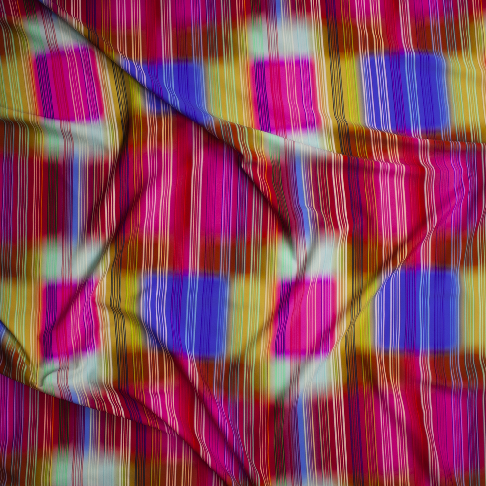 Neon Vertical Stripes on Blurred Neon Square Pattern Nylon/Spandex Fabric By The Yard - Wide shot