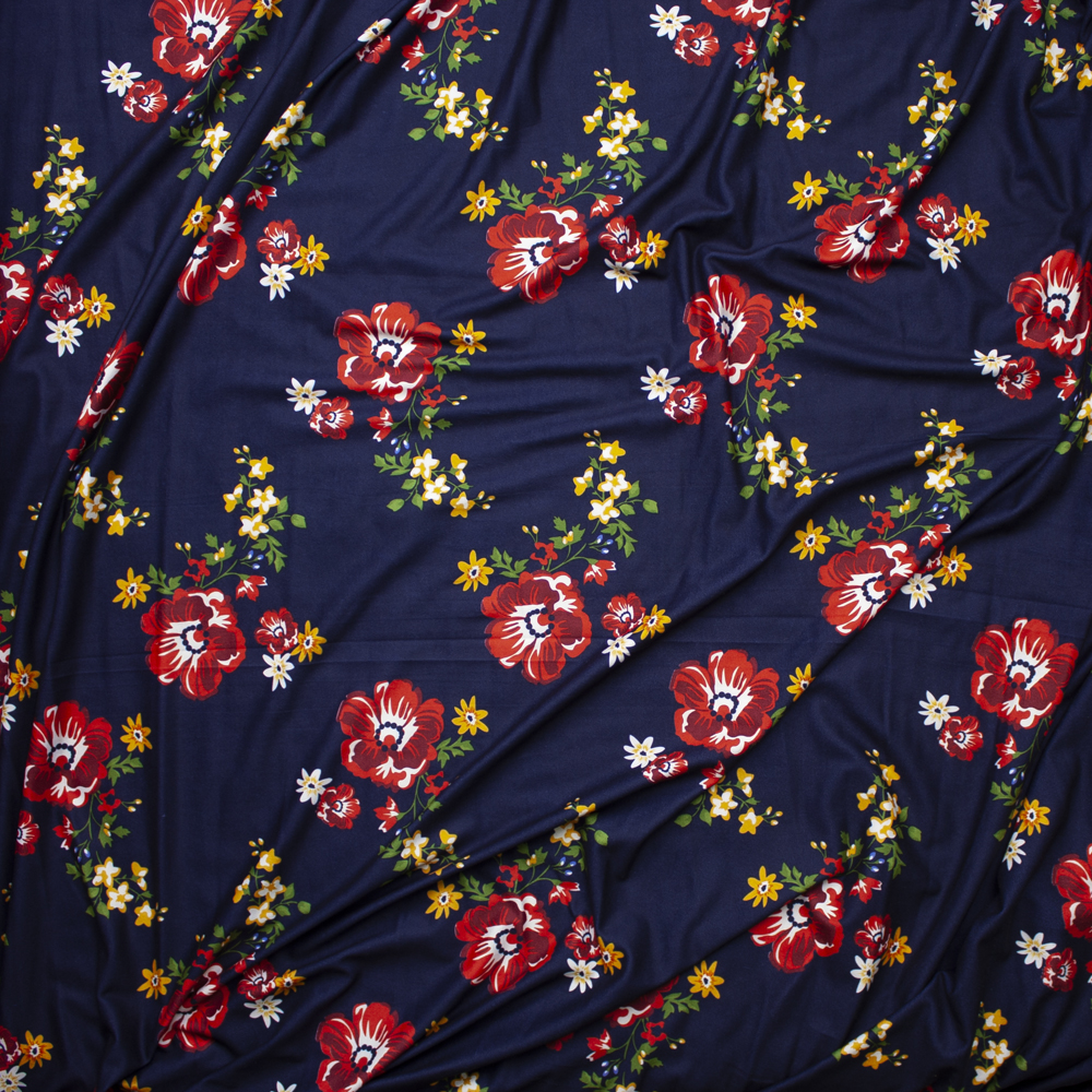 Red and Yellow Floral on Navy Blue Double Brushed Poly/Spandex Fabric By The Yard - Wide shot