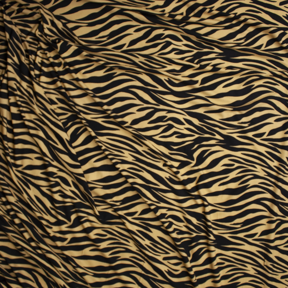 Tan and Black Tiger Print Double Brushed Poly Spandex Fabric By The Yard - Wide shot