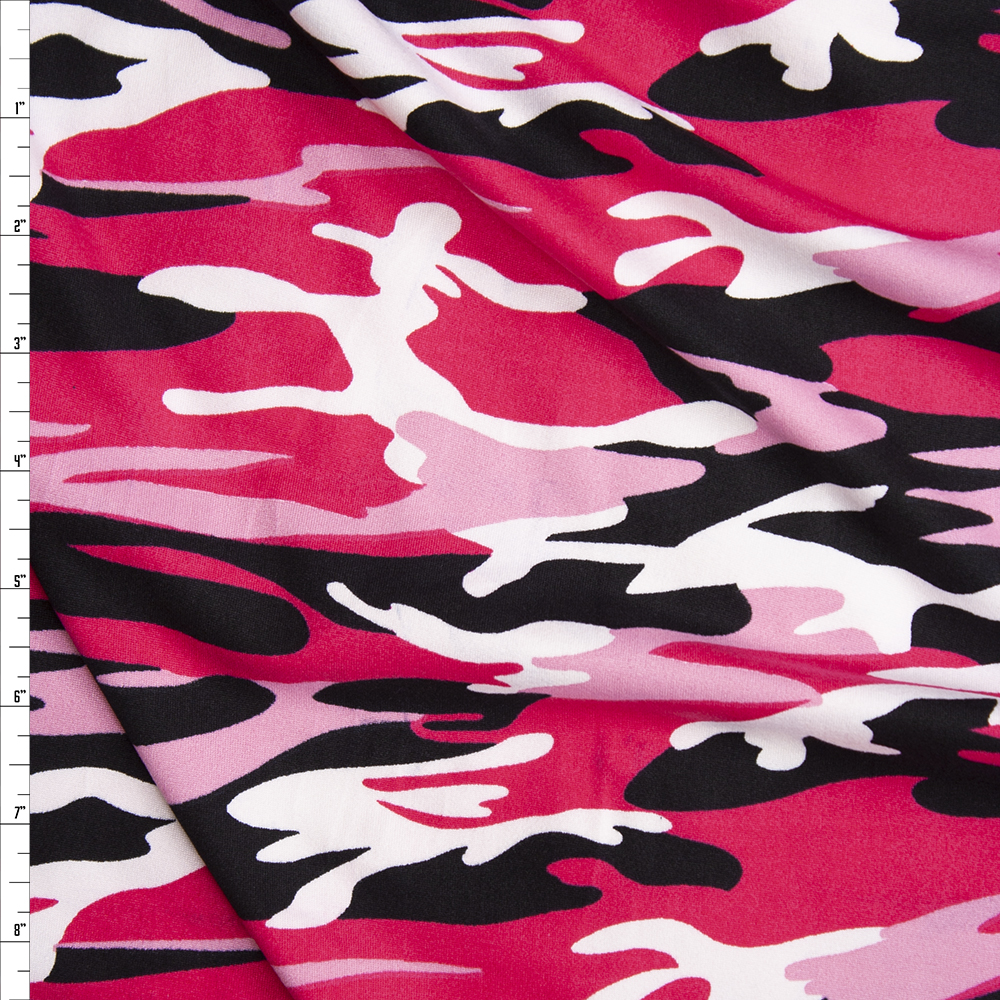 Pink, Black, and White Camouflage Double Brushed Poly Spandex Fabric By The Yard