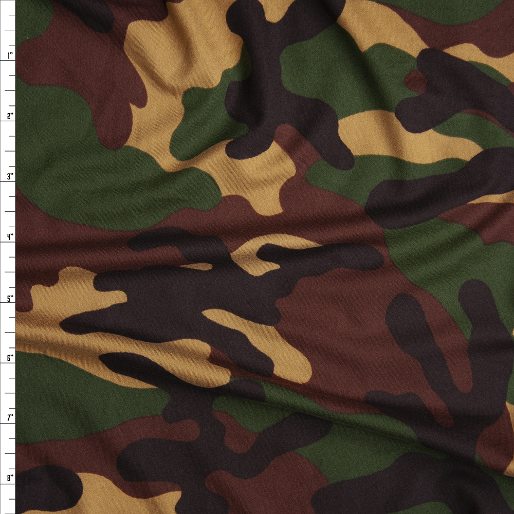 Rich Hunter, Brown, Tan, and Black Camouflage Double Brushed Poly Spandex Fabric By The Yard