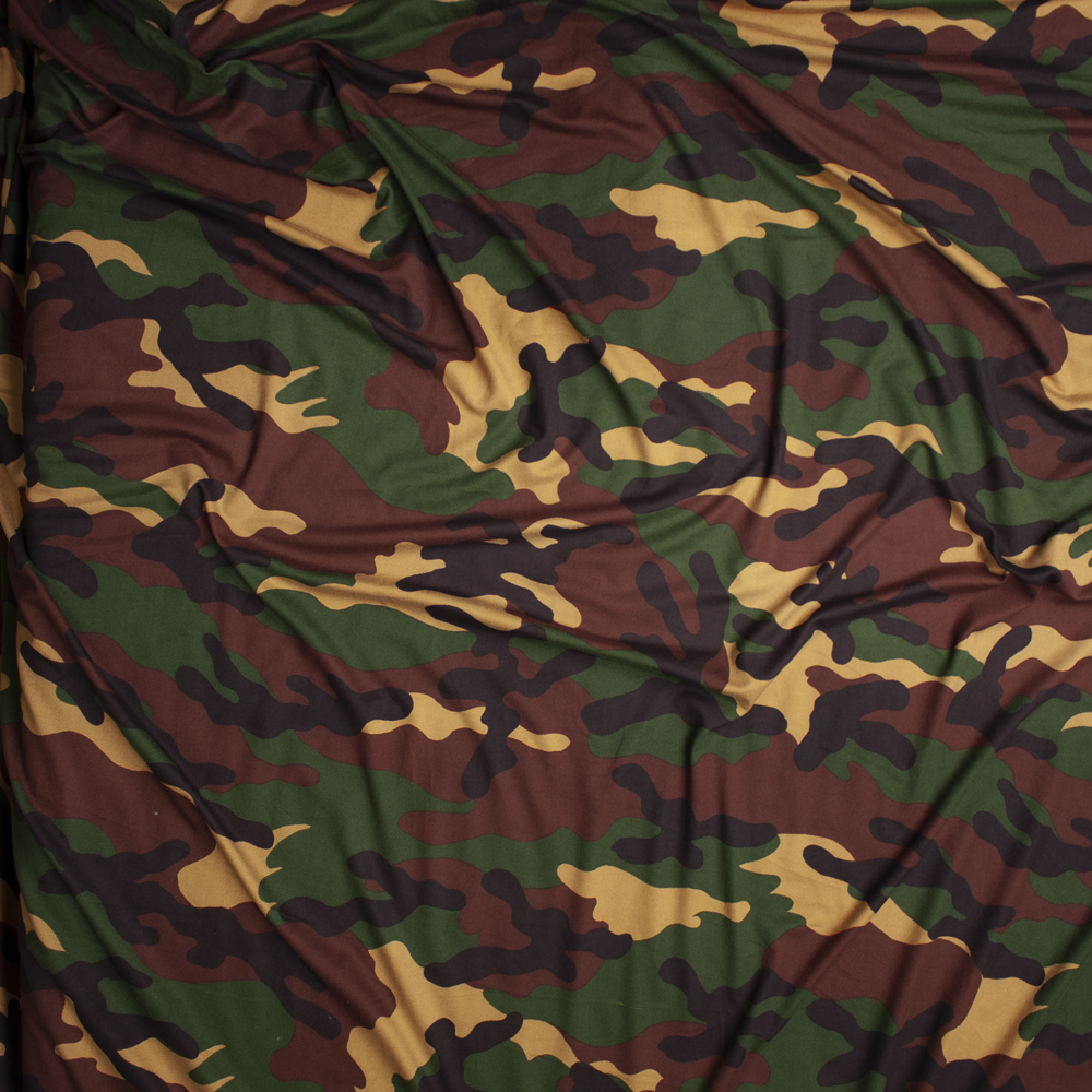 Rich Hunter, Brown, Tan, and Black Camouflage Double Brushed Poly Spandex Fabric By The Yard - Wide shot