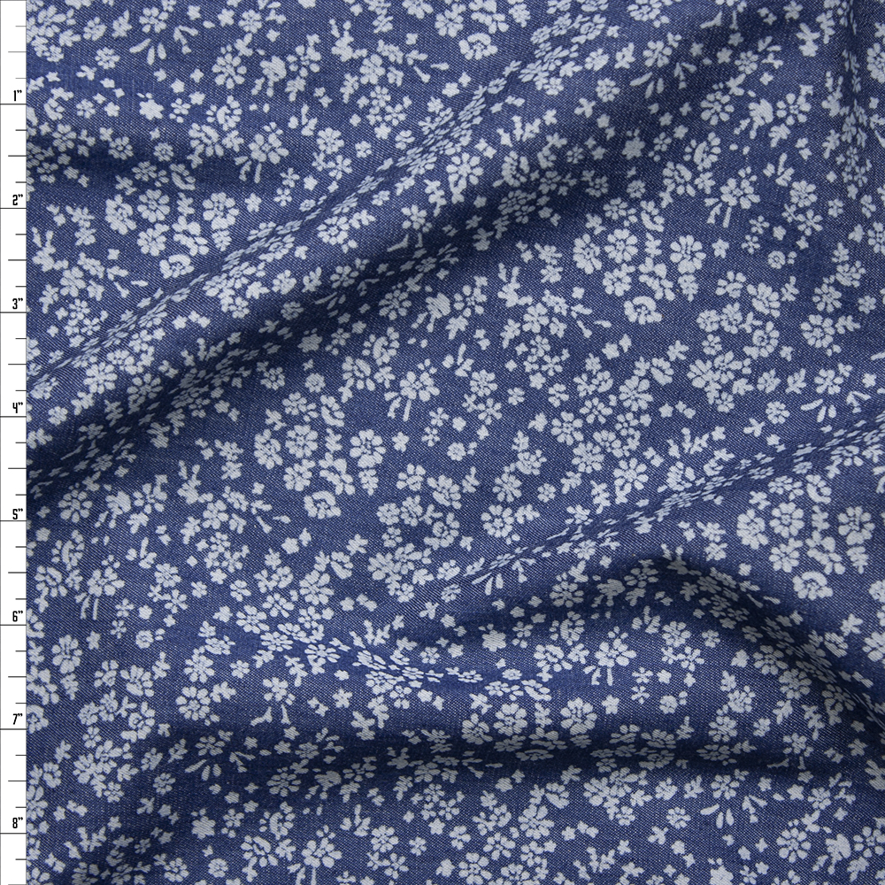 Light Blue Small Floral on Blue Cotton Chambray Fabric By The Yard