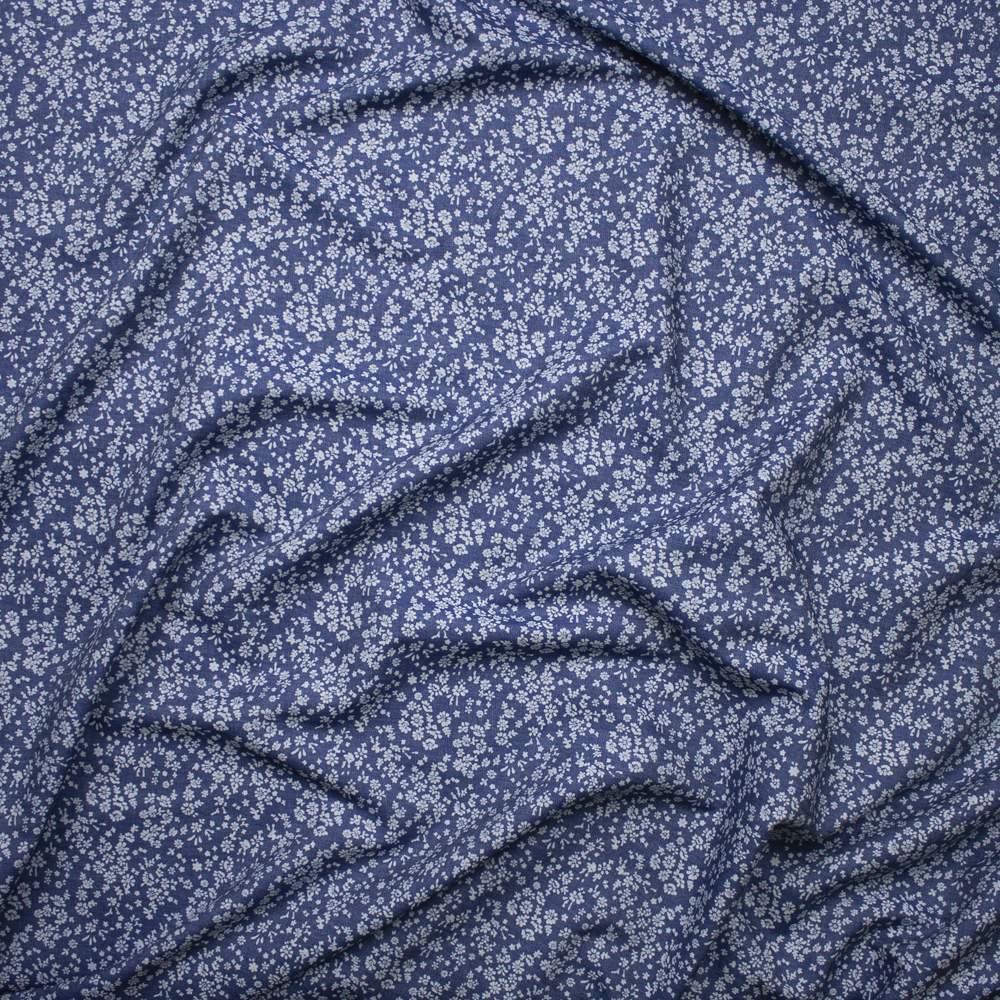 Light Blue Small Floral on Blue Cotton Chambray Fabric By The Yard - Wide shot