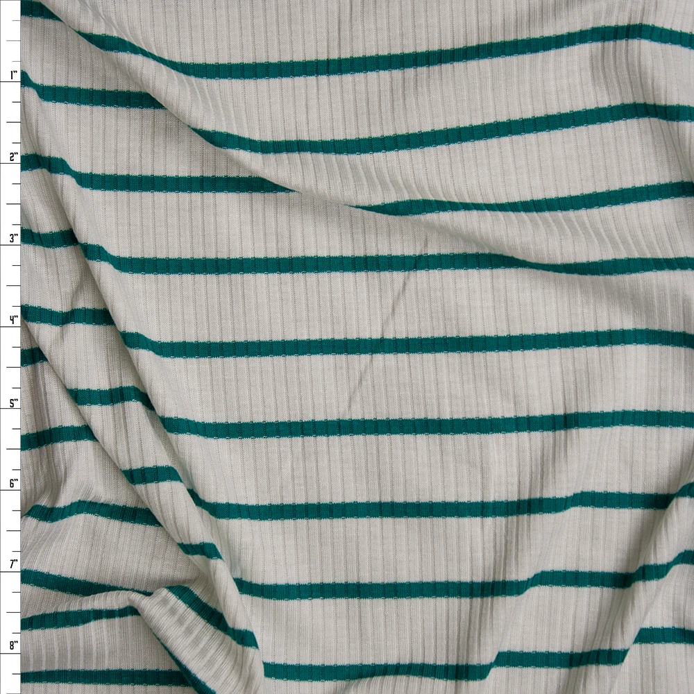 Teal on Offwhite Horizontal Pencil Stripe Stretch Rayon Ribbed Knit Fabric By The Yard