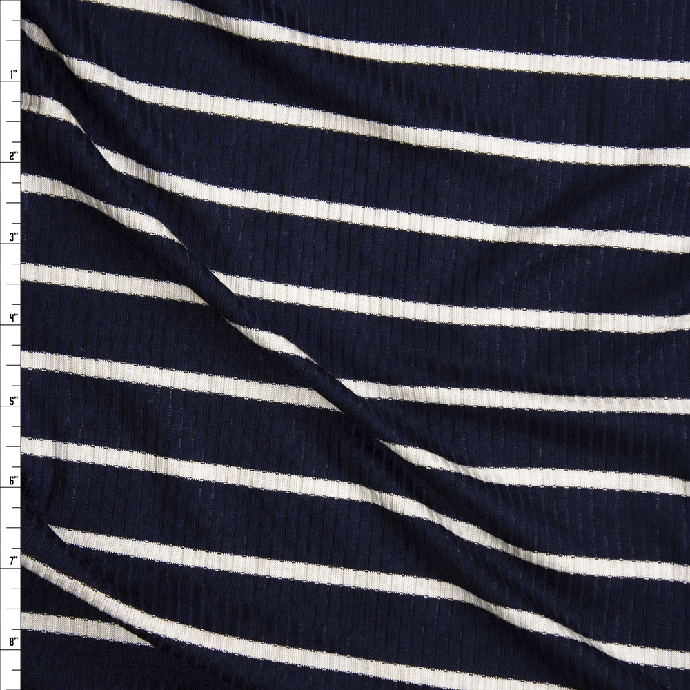 White on Navy Horizontal Pencil Stripe Stretch Rayon Ribbed Knit Fabric By The Yard