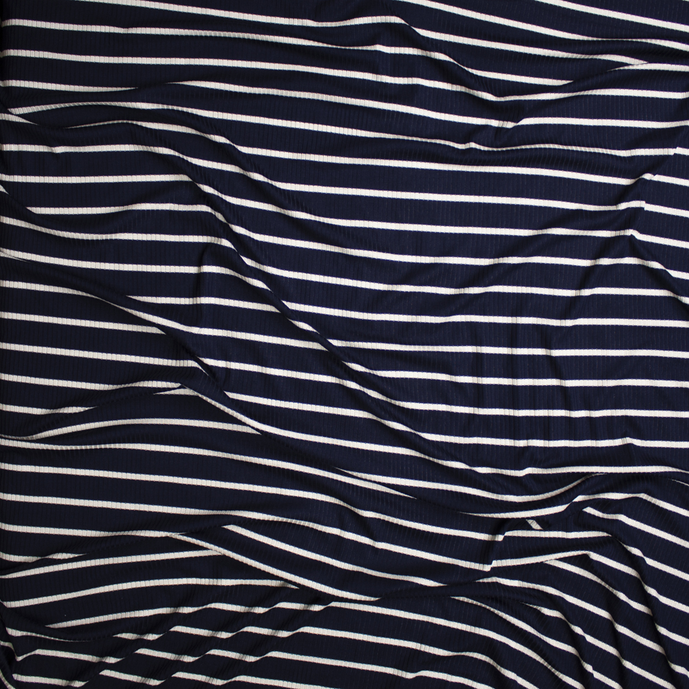 White on Navy Horizontal Pencil Stripe Stretch Rayon Ribbed Knit Fabric By The Yard - Wide shot