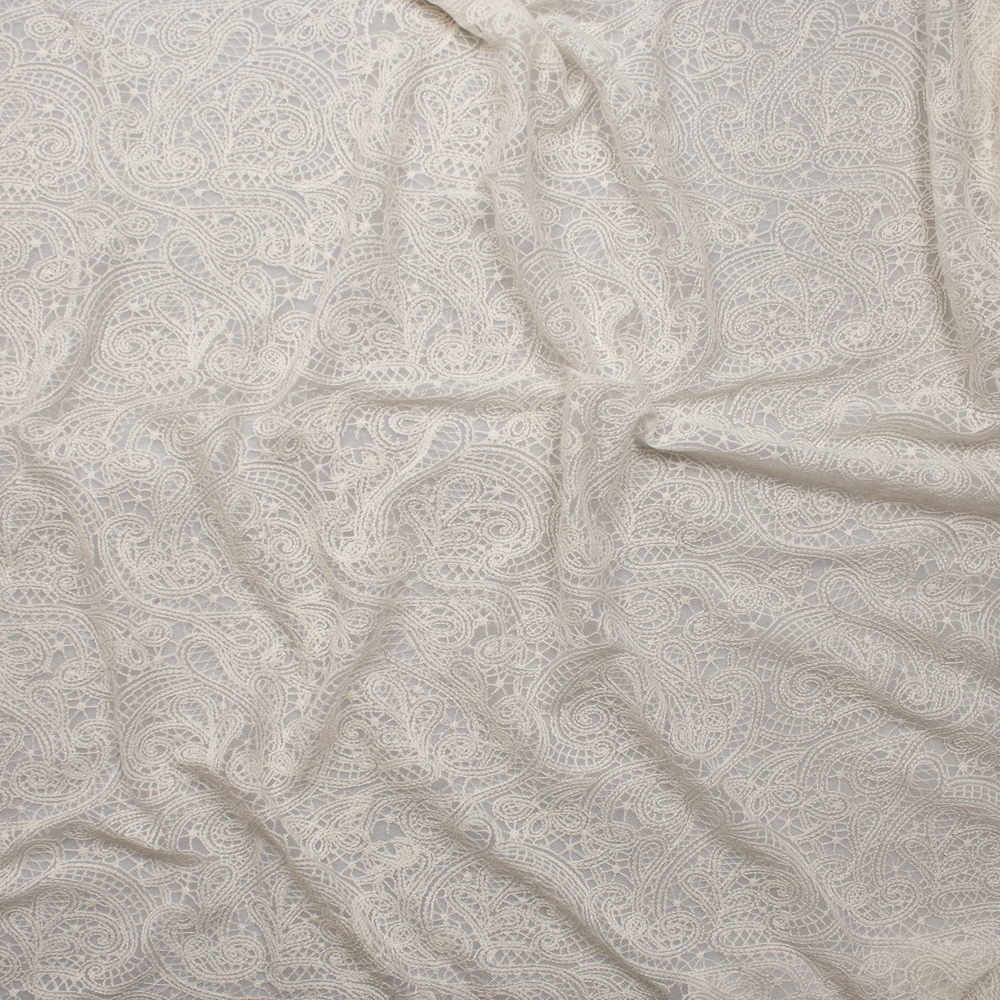 Ivory Embroidered Paisley on Ivory Soft Mesh Fabric By The Yard - Wide shot