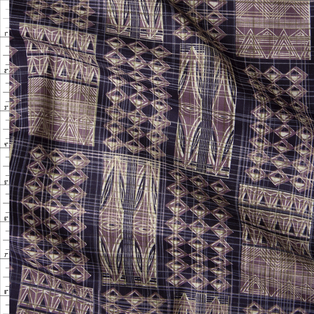 Navy and Tan Linen Look Tiled Island Tribal Fine Cotton Shirting from ‘Tori Richards’ Fabric By The Yard