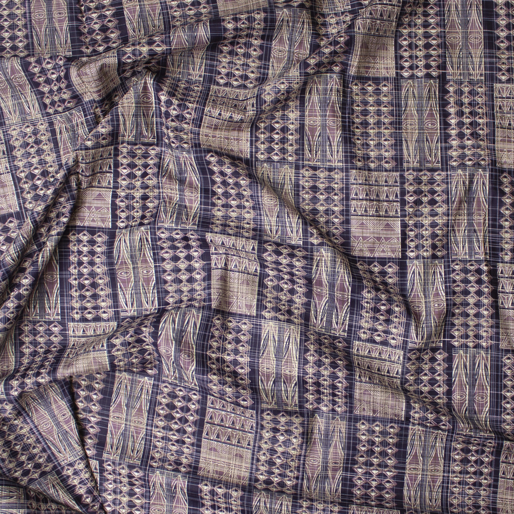 Navy and Tan Linen Look Tiled Island Tribal Fine Cotton Shirting from ‘Tori Richards’ Fabric By The Yard - Wide shot