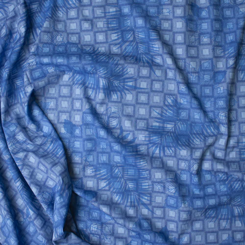 Blue Palms on Blue and Aqua Tiled Square Fine Cotton Dobby from ‘Tori Richards’ Fabric By The Yard - Wide shot