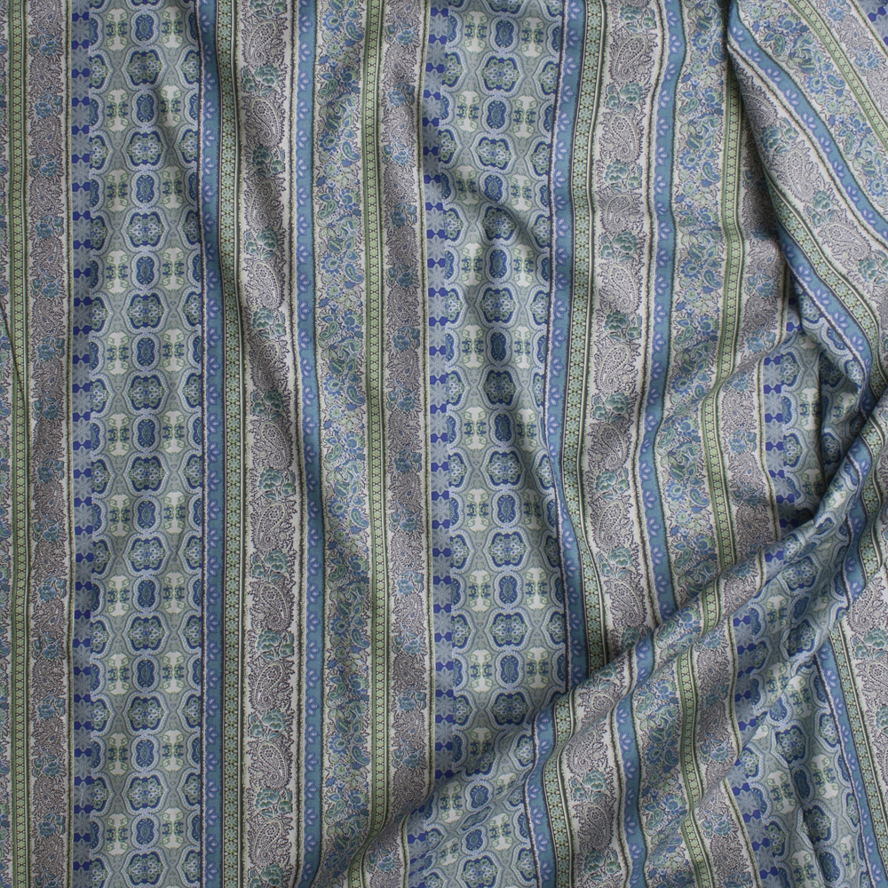Blue, Aqua, and Green Paisley Bohemian Stripe Fine Cotton Shirting from ‘Tori Richards’ Fabric By The Yard - Wide shot