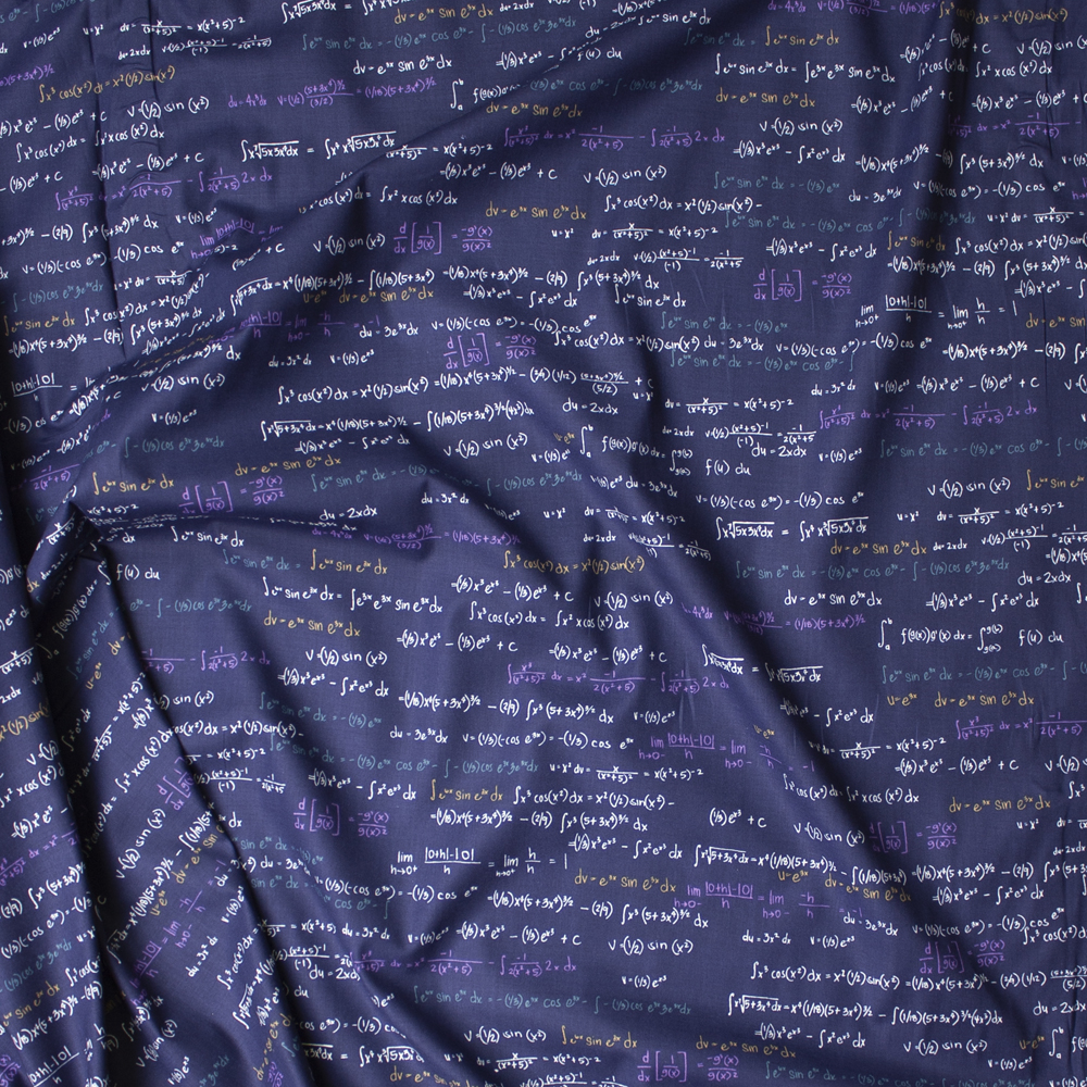 Ivory, Purple, Blue, and Peach Equations on Navy Blue Fine Cotton Shirting from ‘Tori Richards’ Fabric By The Yard - Wide shot