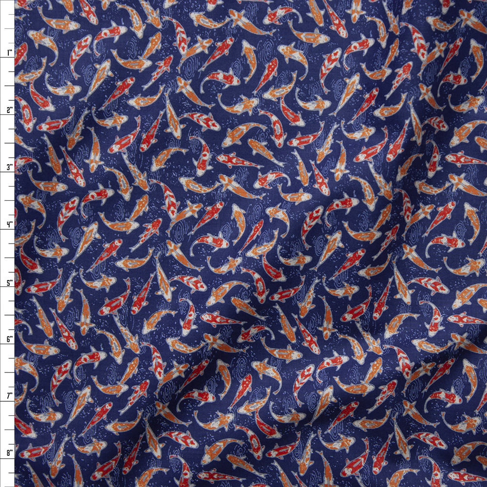 Swimming Koi on Navy Blue Fine Cotton Shirting from ‘Tori Richards’ Fabric By The Yard