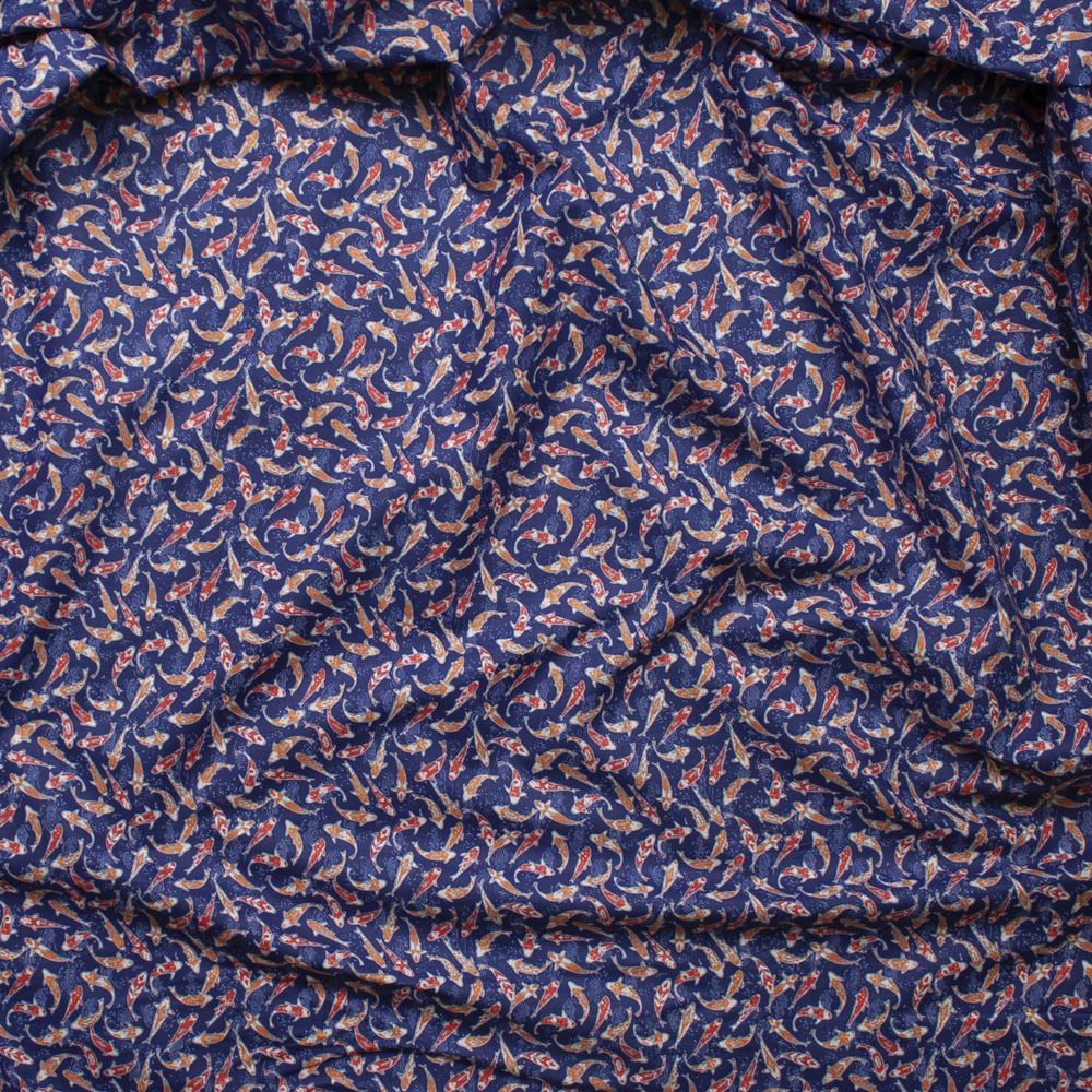 Swimming Koi on Navy Blue Fine Cotton Shirting from ‘Tori Richards’ Fabric By The Yard - Wide shot