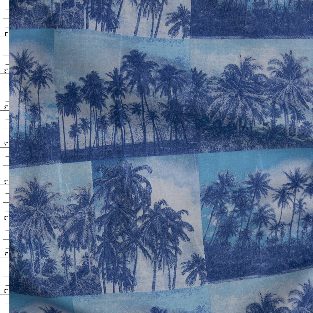Blue, Aqua, and Offwhite Palm Tree Photos Fine Cotton Shirting from ‘Tori Richards’ Fabric By The Yard