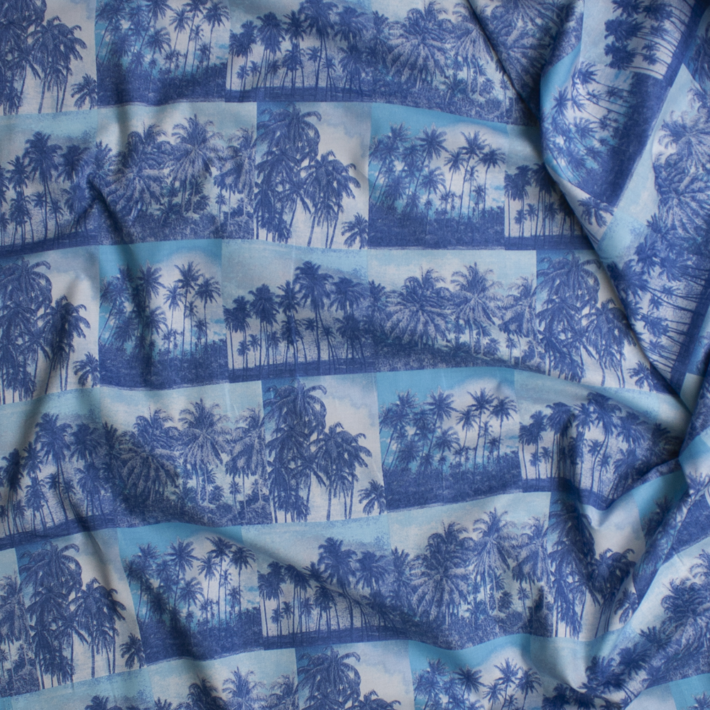 Blue, Aqua, and Offwhite Palm Tree Photos Fine Cotton Shirting from ‘Tori Richards’ Fabric By The Yard - Wide shot
