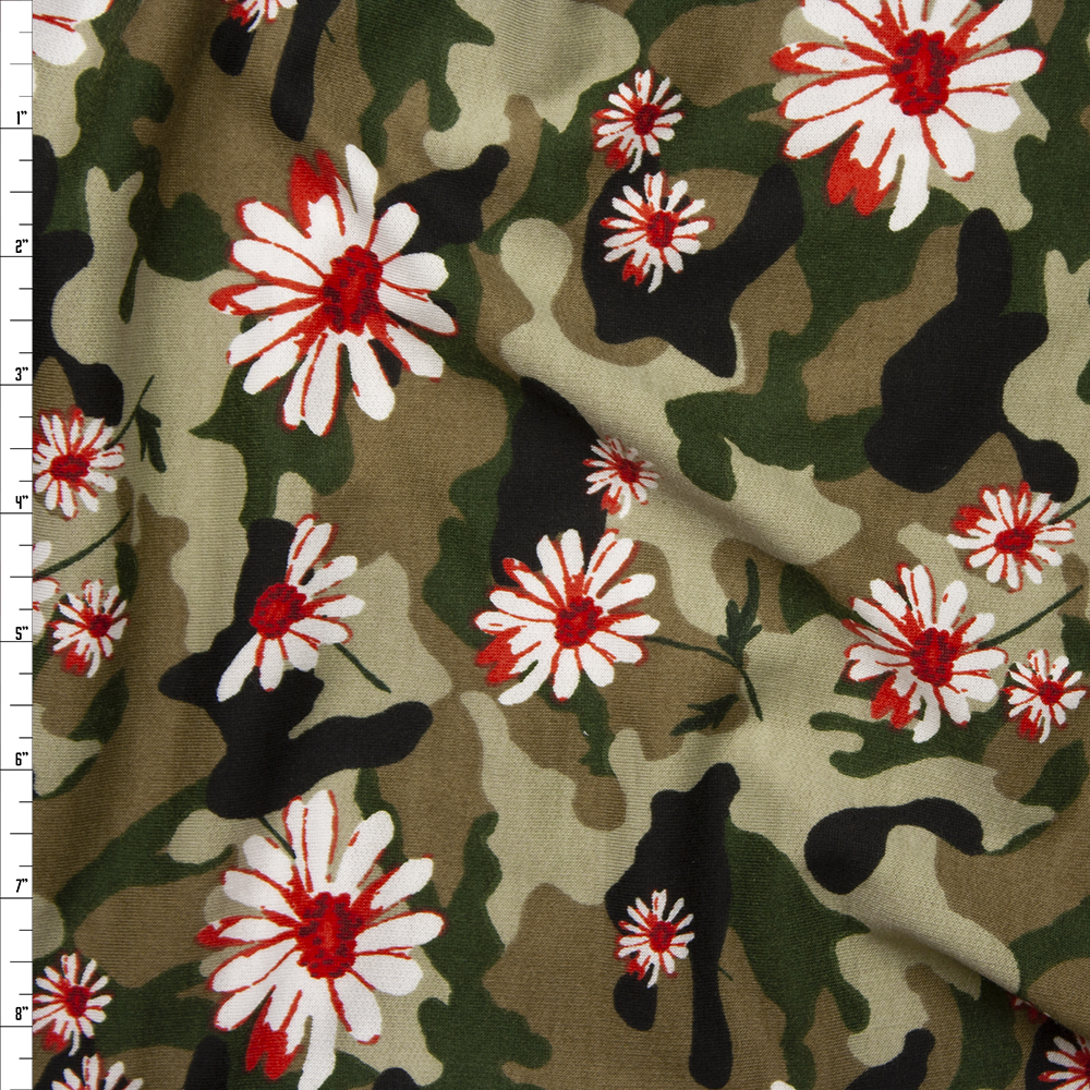 Red and White Daisies on Classic Olive Camouflage Poly/Rayon French Terry Fabric By The Yard