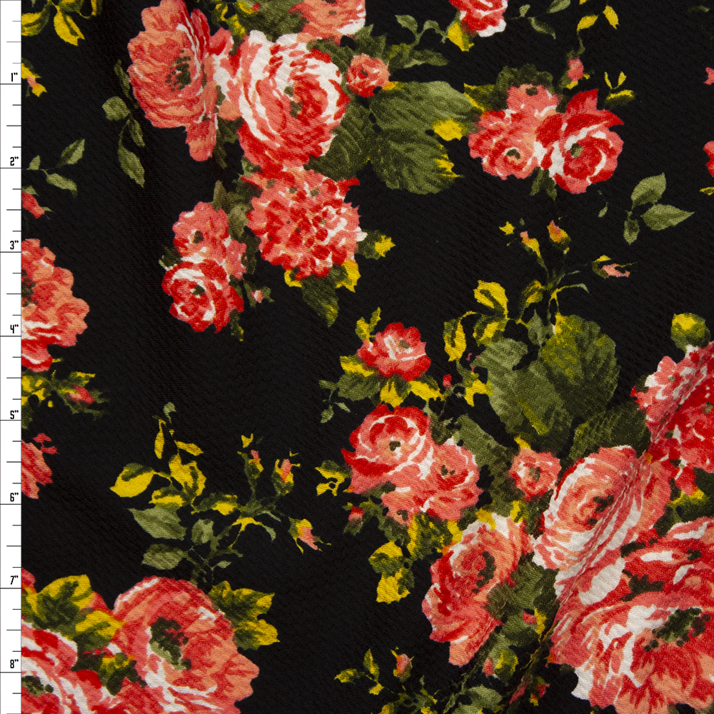 Red, Green, and Yellow Rose Floral on Black Bullet Liverpool Knit Fabric By The Yard