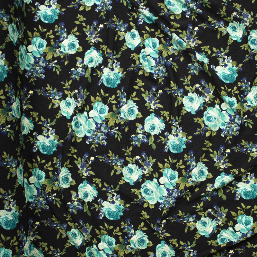 Aqua and Green Rose Floral on Dark Navy Crepe Liverpool Knit Fabric By The Yard - Wide shot