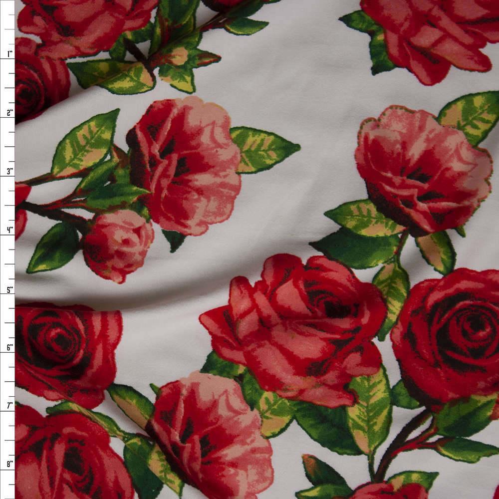 Red Roses with Green Leaves on Offwhite Double Brushed Poly Spandex Knit Fabric By The Yard