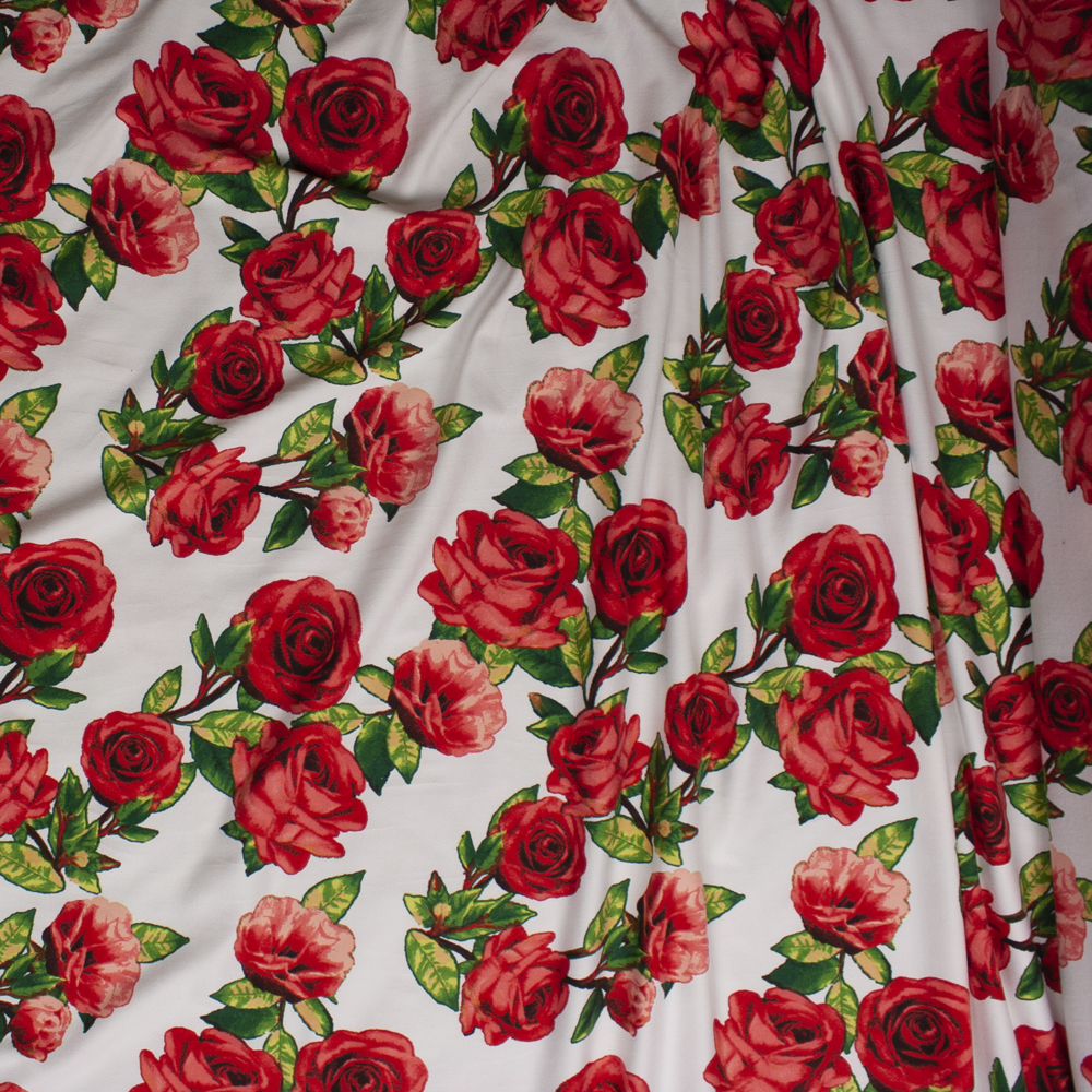 Red Roses with Green Leaves on Offwhite Double Brushed Poly Spandex Knit Fabric By The Yard - Wide shot