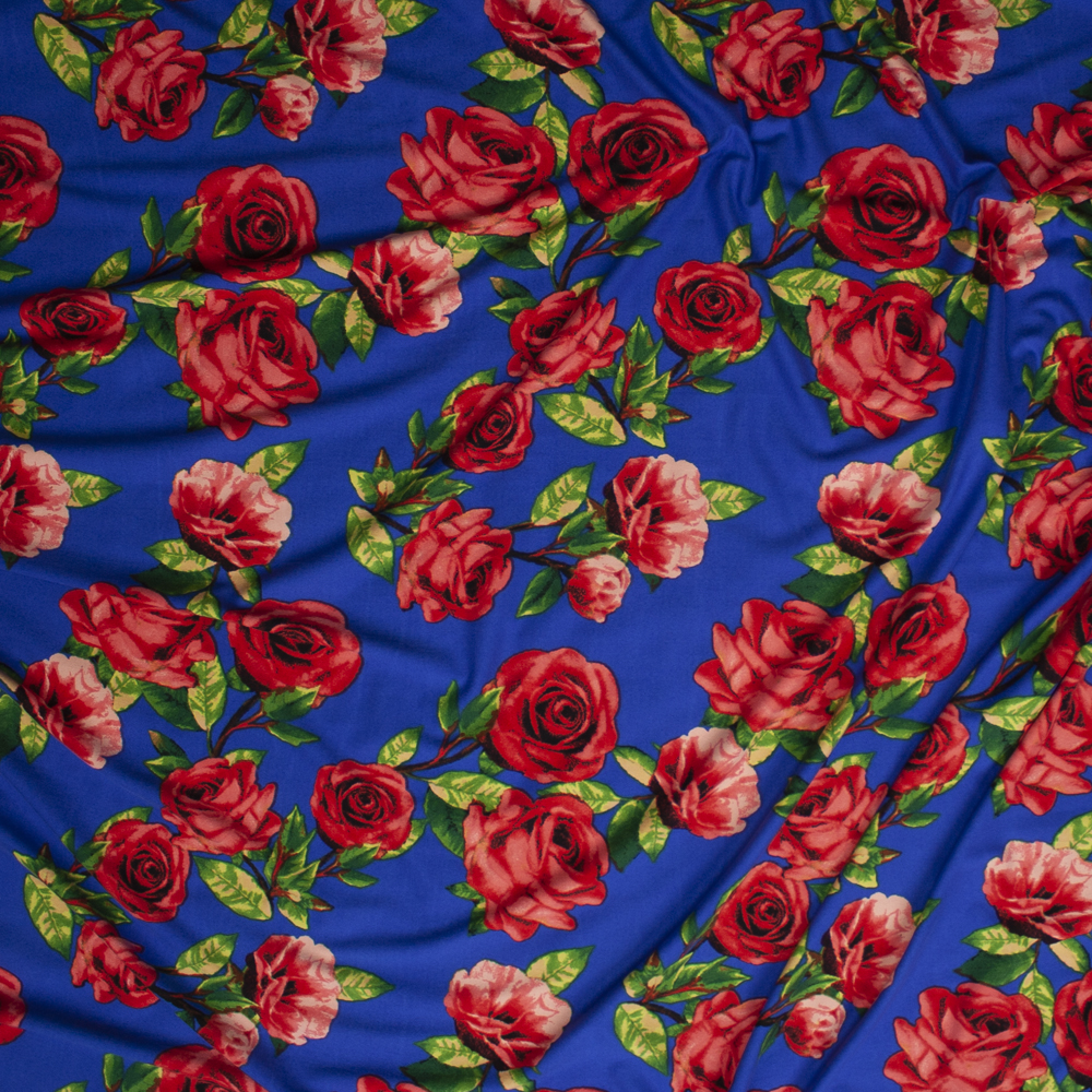 Red Roses with Green Leaves on Bright Blue Double Brushed Poly Spandex Knit Fabric By The Yard - Wide shot