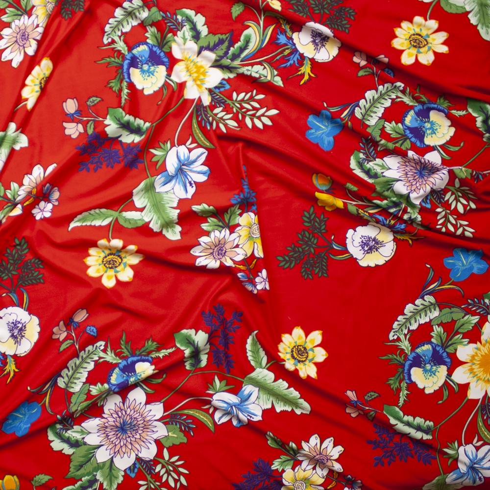 Summer Floral on Bright Red Double Brushed Poly Spandex Knit Fabric By The Yard - Wide shot