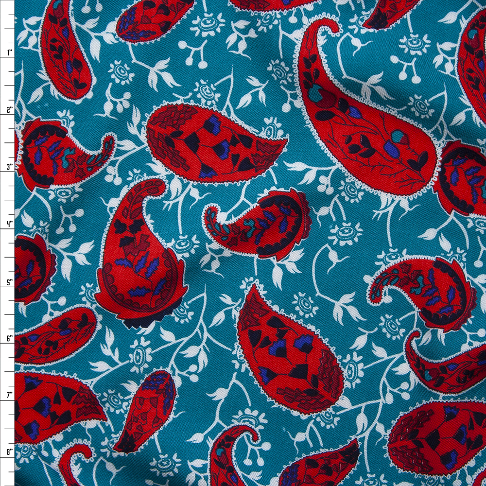 Red Paisleys and Ivory Branches on Teal Rayon Challis Fabric By The Yard