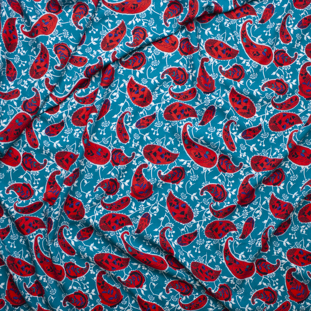 Red Paisleys and Ivory Branches on Teal Rayon Challis Fabric By The Yard - Wide shot