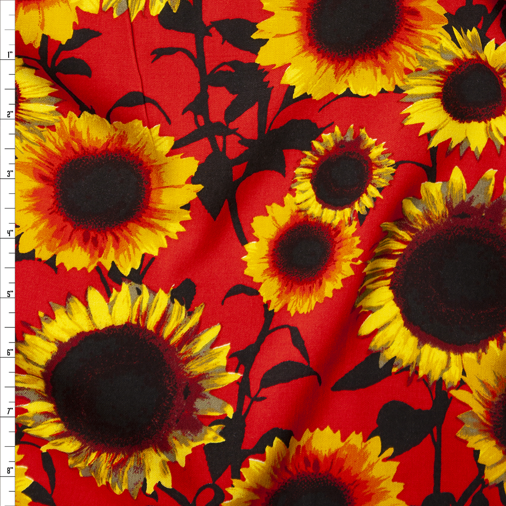 Yellow and Black Sunflower Floral on Red Rayon Challis Fabric By The Yard