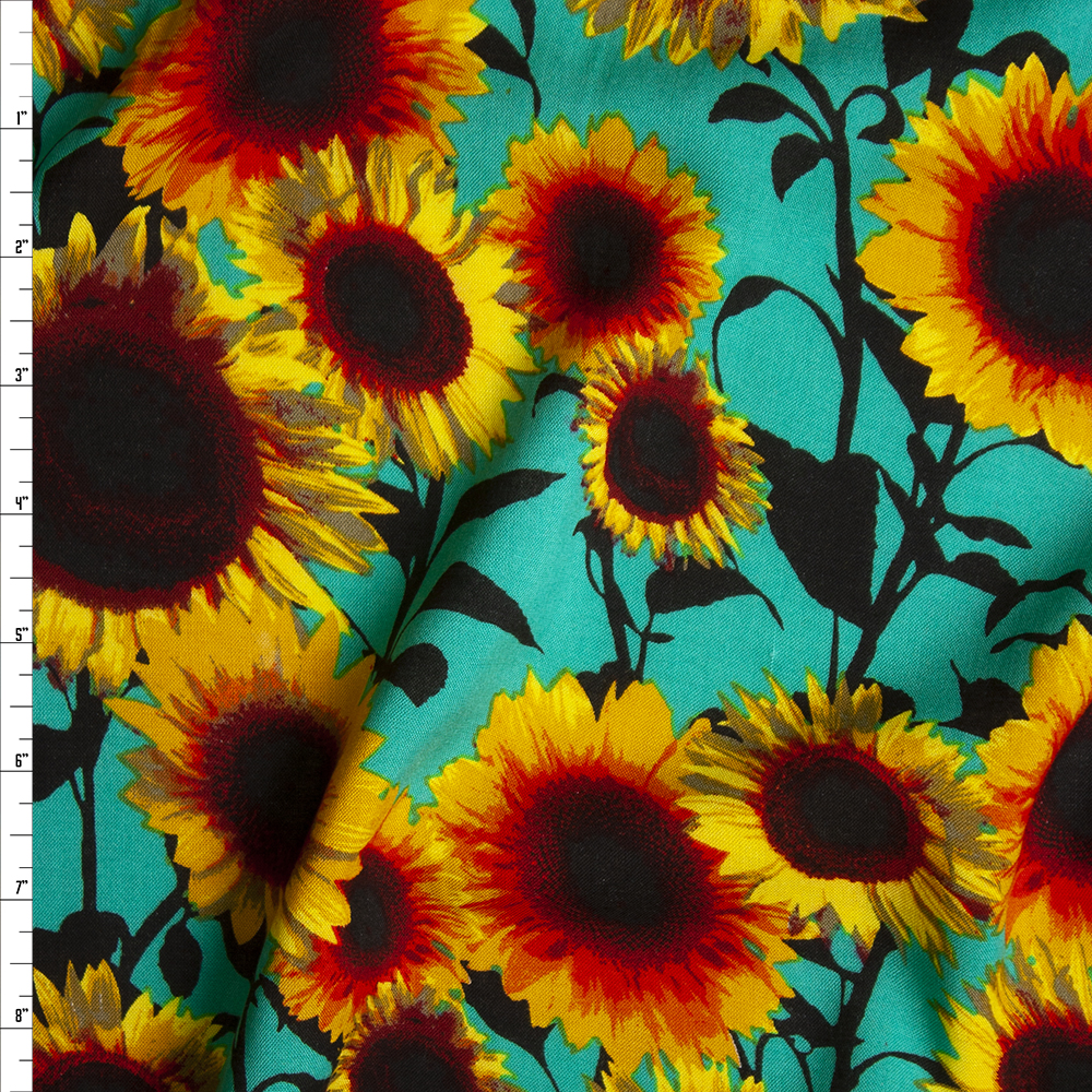 Yellow and Black Sunflower Floral on Bright Seafoam Rayon Challis Fabric By The Yard