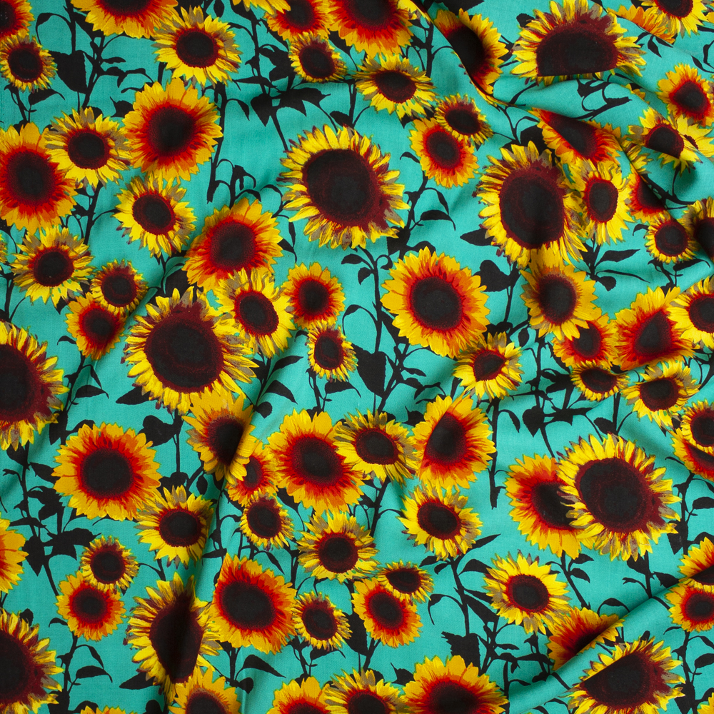 Yellow and Black Sunflower Floral on Bright Seafoam Rayon Challis Fabric By The Yard - Wide shot