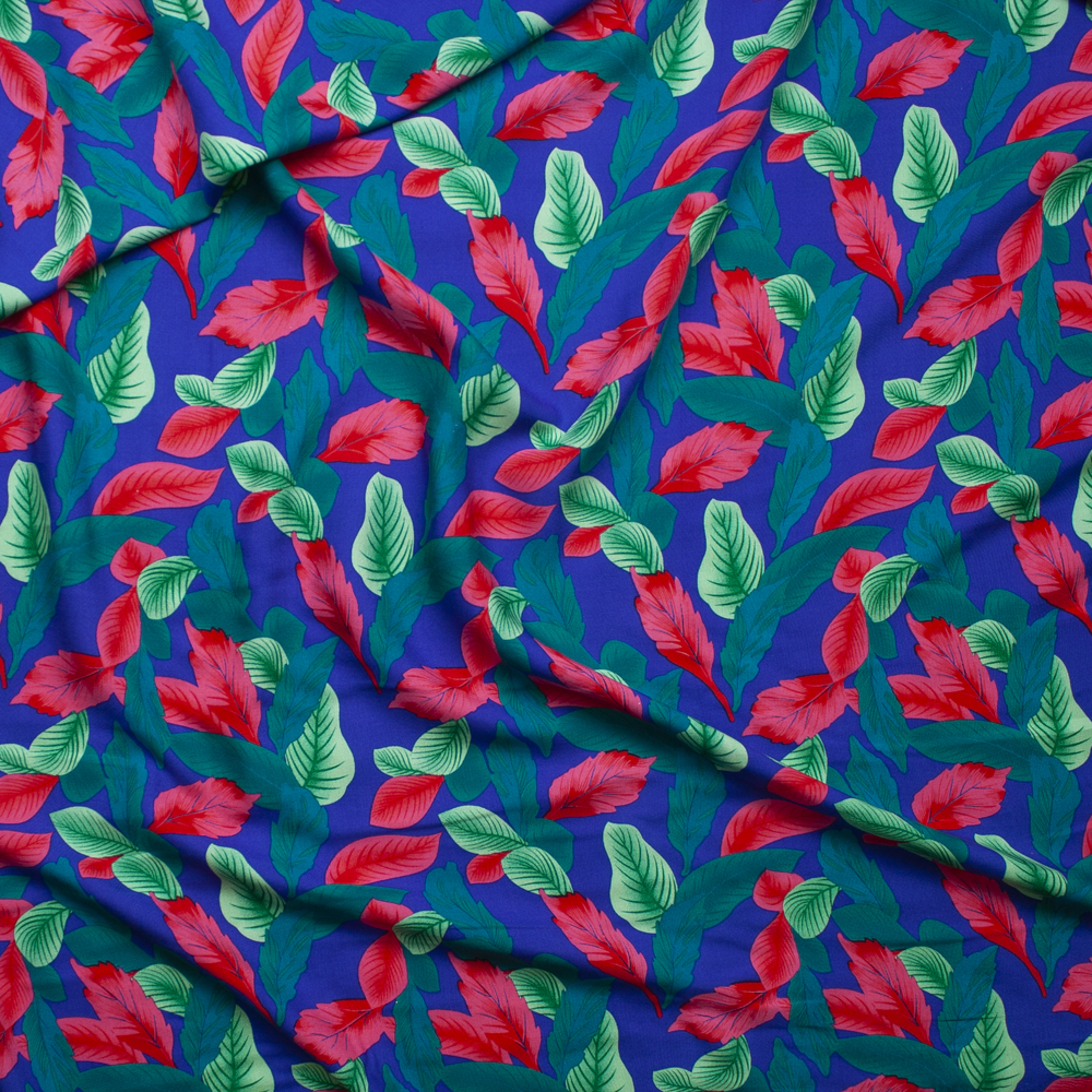 Hot Pink, Seafoam, and Mint Leaves on Royal Blue Rayon Challis Fabric By The Yard - Wide shot