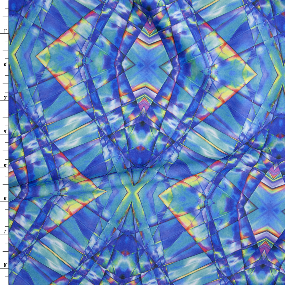 Blue and Yellow Stained Glass Kaleidoscope Nylon/Spandex Fabric By The Yard