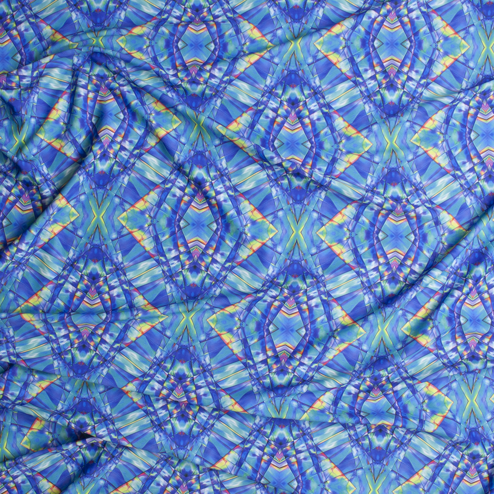 Blue and Yellow Stained Glass Kaleidoscope Nylon/Spandex Fabric By The Yard - Wide shot